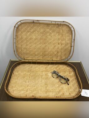 Vintage MCM Bamboo & Rattan Wicker Style Trays Set of 2  Size 19 x 13 x 1.25